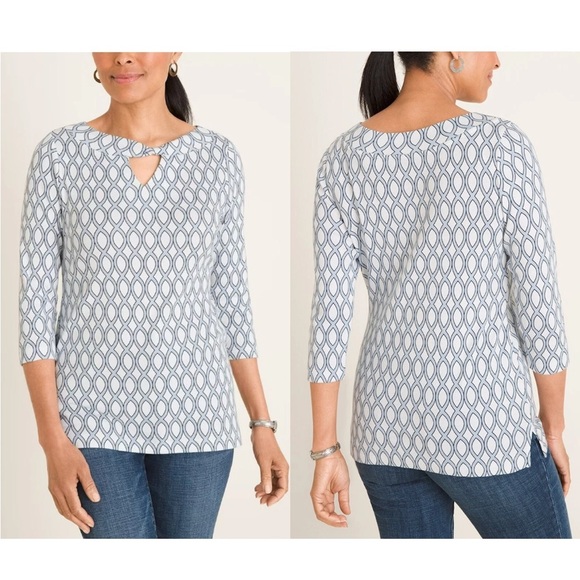 Chico's Tops - NEW Chico’s Pima Cotton Geo Twist Tee Top Large White Blue Convertible Blouse